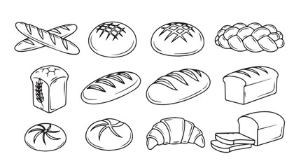 Artistic sketch collection of assorted fresh baked bread varieties and pastries silhouette