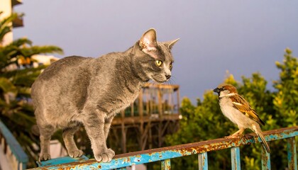 Obraz premium A gray cat and a sparrow on a weathered railing