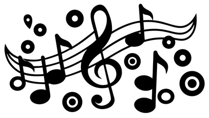 Illustration of musical notes and staff lines with circles in a monochrome black and white composition art
