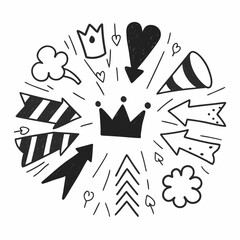 A whimsical doodle featuring crowns, arrows, hearts, and cloud shapes arranged in a circular pattern