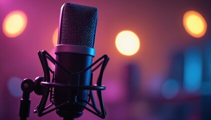 Professional microphone in studio, blurry bokeh lights. Recording voice, podcast, broadcasting, online media production. This tech captures clear audio for music, interviews, content creation.