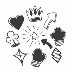 A collection of various doodle style icons including a heart crown and arrows in a circular arrangement