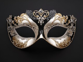 Elegant Venetian Mask with Gold and Silver Details on Black Background