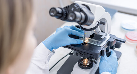 A laboratory female worker in blue gloves looks into a microscope and examines fragments of tissue. Examination under microscope. Close up view of test sample under the microscope in laboratory