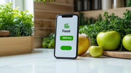 Smartphone With Food Delivery App Surrounded By Fresh Produce