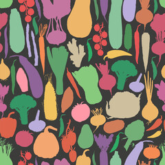 Hand drawn vegetable grunge silhouettes seamless pattern. Tomato, cucumber, bell pepper, zucchini, pumpkin, butternut, corn, onion, radish, potato, green beans, asparagus, artichoke. Fo