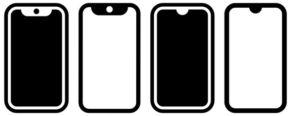 Colección de iconos vectoriales de smartphones con diferentes diseños de pantalla. Incluye varios estilos de notch y bordes redondeados. Ideal para diseño de aplicaciones, web, y UI/UX.
