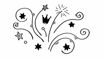 Hand drawn doodle illustration featuring stars swirls crown and sparkle elements on a white background