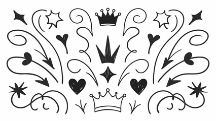 Collection of hand drawn doodle elements including crowns hearts stars arrows and decorative swirls designs