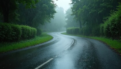 Fototapeta premium Winding countryside road obscured by heavy rain and mist. Wet asphalt reflects dim light. Rich green trees and hedges line the path, creating a mysterious, somber atmosphere. Journey through nature.
