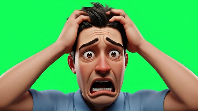 Cartoon man with worried expression and hands on head.