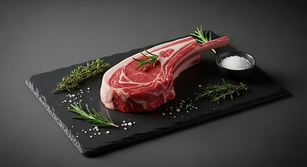 Fresh Frenched Lamb Loin Chop with Rosemary, Thyme, and Sea Salt on Dark Slate Board, Studio Lit.