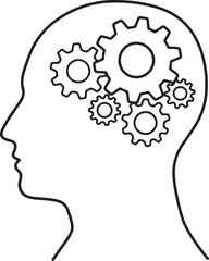 Human head silhouette with gears inside line art profile