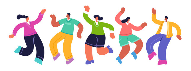 Group of happy people dancing together. Party celebration, fun activity, festive joyful event. Flat vector illustration