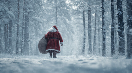 An individual with a long white beard, clad in a red garment with white fur trim and a black belt, walks away from the viewer through a snow filled forest