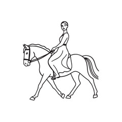 Black and white line art of a beautiful woman with perfect body riding horse elegant minimalist illustration