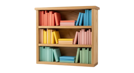 Wooden bookshelf with colorful books isolated on transparent background