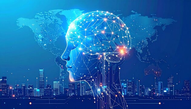 Digital Mindscape: Global Connectivity and Artificial Intelligence in a Futuristic Cityscape