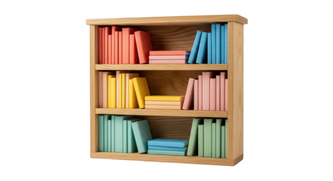Wooden bookshelf with colorful books isolated on transparent background - Powered by Adobe