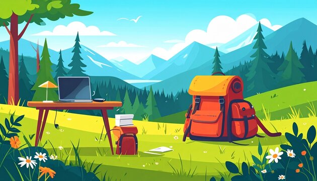 Digital Nomad's Mountain Retreat: Laptop, Backpack, and Scenic Vista