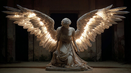 The image shows a statue of a draped figure with large, illuminated wings. The figure is kneeling, with its head bowed and arms at its sides