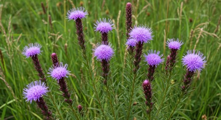 Fototapeta premium Purple Liatris Spicata Flowers Blooming in Summer Garden Meadow 