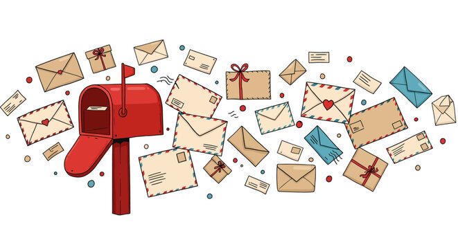 Overflowing Red Mailbox with Flying Letters and Gifts