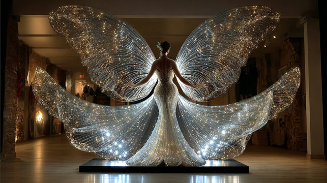Centered in the image is a figure wearing a shimmering gown paired with large, translucent wings, each detailed with numerous embedded lights