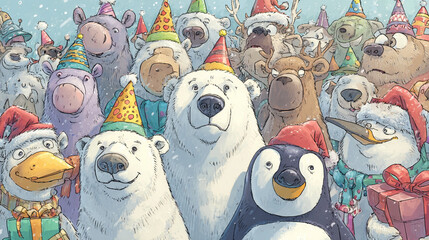 This illustration displays a gathering of animals. Several bears, along with some moose, ducks, and penguins, are crowded together. Many are wearing party hats or winter holiday hats