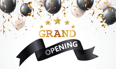Grand opening card design with gold balloons, ribbons and confetti