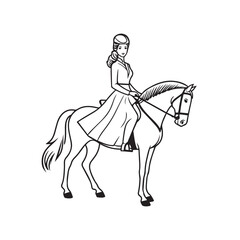 Black and white line art of a beautiful woman with perfect body riding horse elegant minimalist illustration