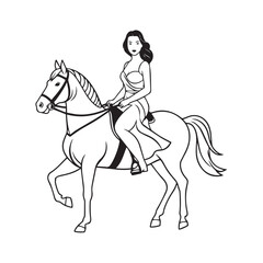 Black and white line art of a beautiful woman with perfect body riding horse elegant minimalist illustration