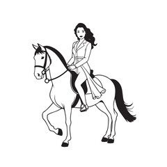 Black and white line art of a beautiful woman with perfect body riding horse elegant minimalist illustration