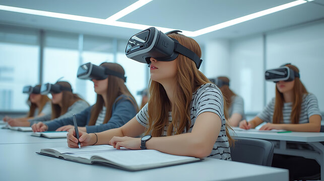 Virtual Reality Learning: A group of students wearing VR headsets focuses intently in a modern classroom. The scene conveys a futuristic vision of learning and technology.