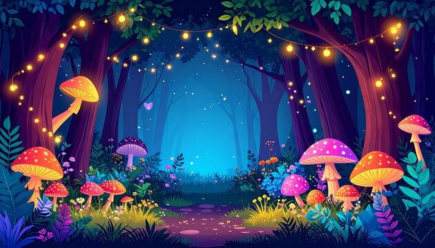Enchanted Forest Path: Glowing Mushrooms, Fairy Lights, and Mystical Ambiance
