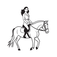 Black and white line art of a beautiful woman with perfect body riding horse elegant minimalist illustration