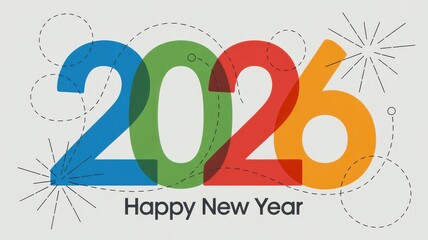 2026 Happy New Year graphic with colorful numbers and dashed lines celebration greeting
