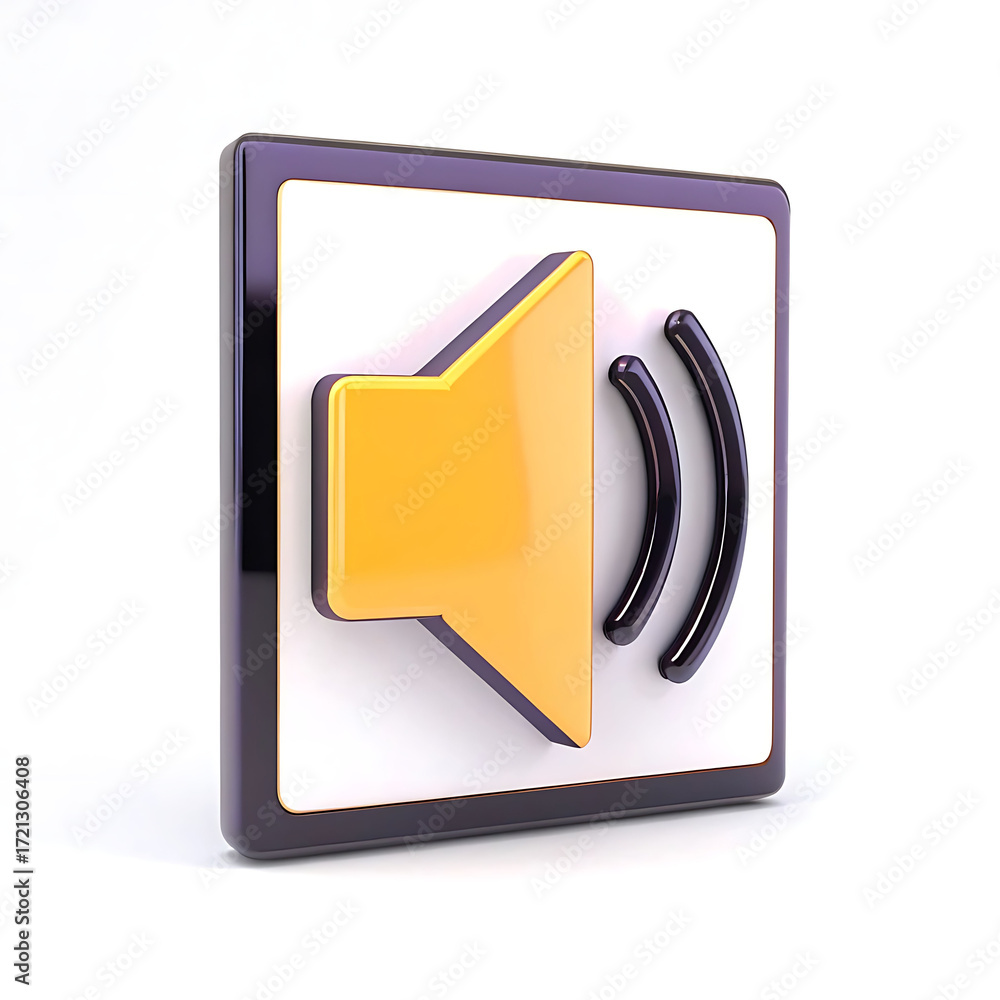 Poster modern 3d speaker icon with sound waves indicating volume and audio output