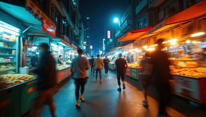 Naklejka premium Night market scene with stalls, people walking. Busy street displays delicious street food, vibrant atmosphere under city lights. Neon signs glow, sellers interact with buyers in lively urban