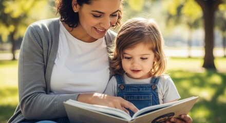 Obraz premium Mother and daughter enjoying a storybook outdoors in a park setting