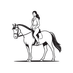 Black and white line art of a beautiful woman with perfect body riding horse elegant minimalist illustration