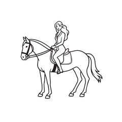Obraz premium Black and white line art of a beautiful woman with perfect body riding horse elegant minimalist illustration