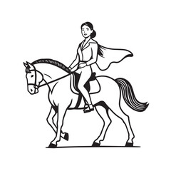 Black and white line art of a beautiful woman with perfect body riding horse elegant minimalist illustration