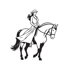 Fototapeta premium Black and white line art of a beautiful woman with perfect body riding horse elegant minimalist illustration