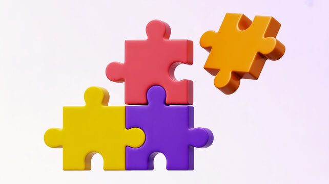 3D rendered illustration, three colorful interconnected puzzle pieces, white background