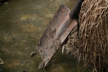 An old, rusty, and muddy shovel leaning against a pile of dry straw on a concrete floor, evoking the concept of agricultural hard work.