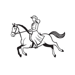 Black and white line art of a beautiful woman with perfect body riding horse elegant minimalist illustration