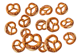 Scattered Salty Pretzels Isolated on White Background for Snack Time