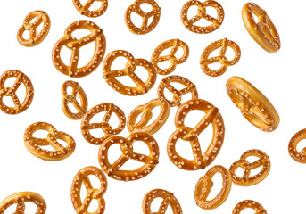 Golden Pretzels Falling Isolated on White Background. Crunchy Salty Snack Food Scattered in Dynamic Motion.