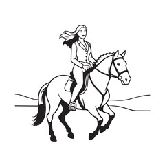 Black and white line art of a beautiful woman with perfect body riding horse elegant minimalist illustration